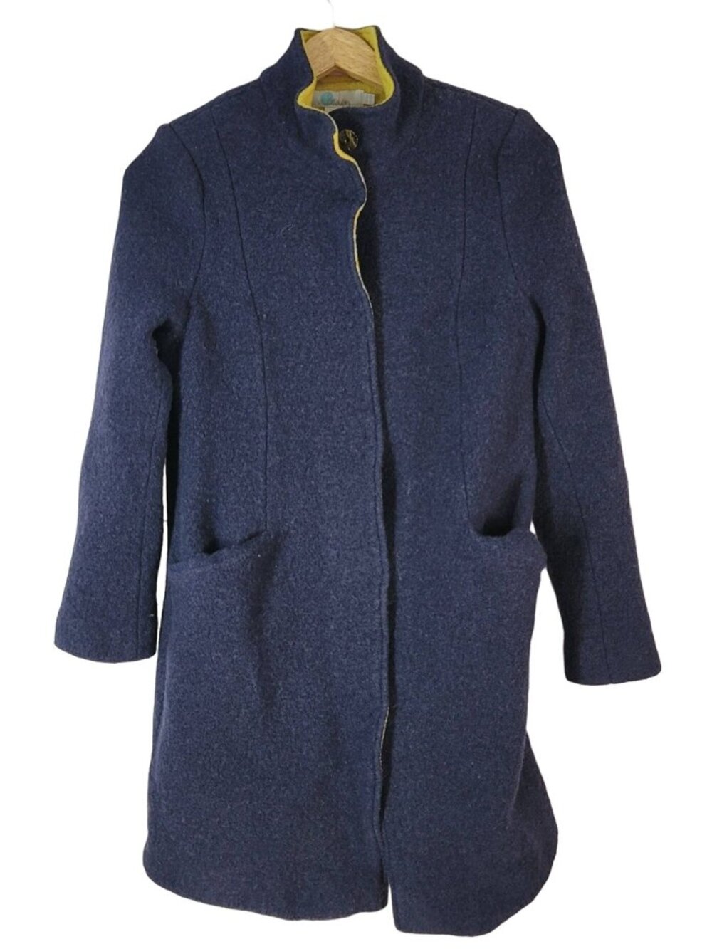 Boden Womens Hengrave Boiled Wool Coat Blue SZ 12 Hi Collar Snap Pocket T0198